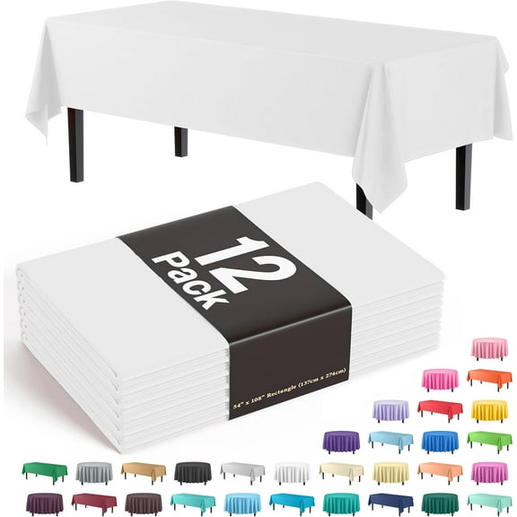 12-Pack Premium Plastic Tablecloth 54 Inch. x 108 Inch. Rectangle Table Cover-White