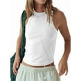 thumbnail image 3 of Women'S Sleeveless Full Length Ribbed Fitted Racerback Workout Crew High Neck Basic Tank Top White S, 3 of 9