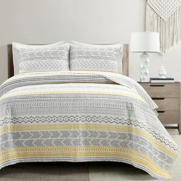 Lush Decor Hygge Geo Reversible Cotton Oversized Quilt Yellow/Gray 3Pc Set Full Queen
