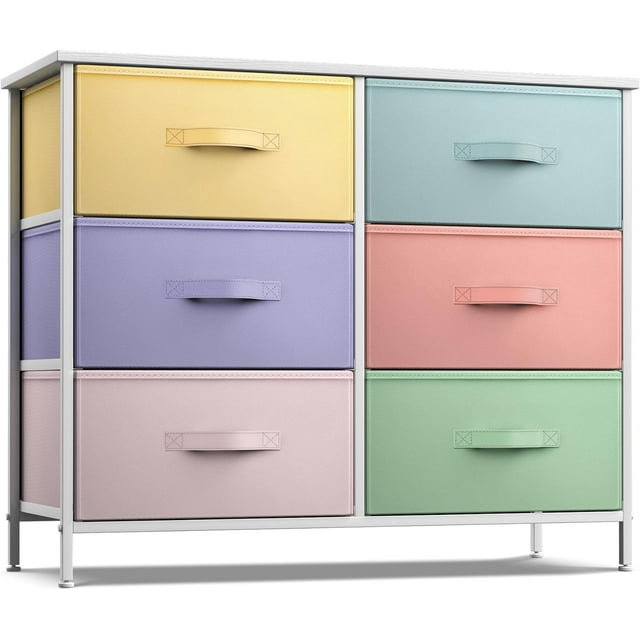 Songqin Dresser with 6 Drawers Fabric Storage Tower Organizer – Steel Frame, Wood Top, Easy Pull Bins for Bedroom, Closet, Hallway, Office-Pastel/White