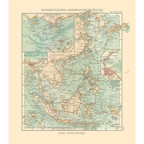 Historic Nautical Map - Indian Ocean Yellow Sea - Perthes 1914 - Vintage Wall Art