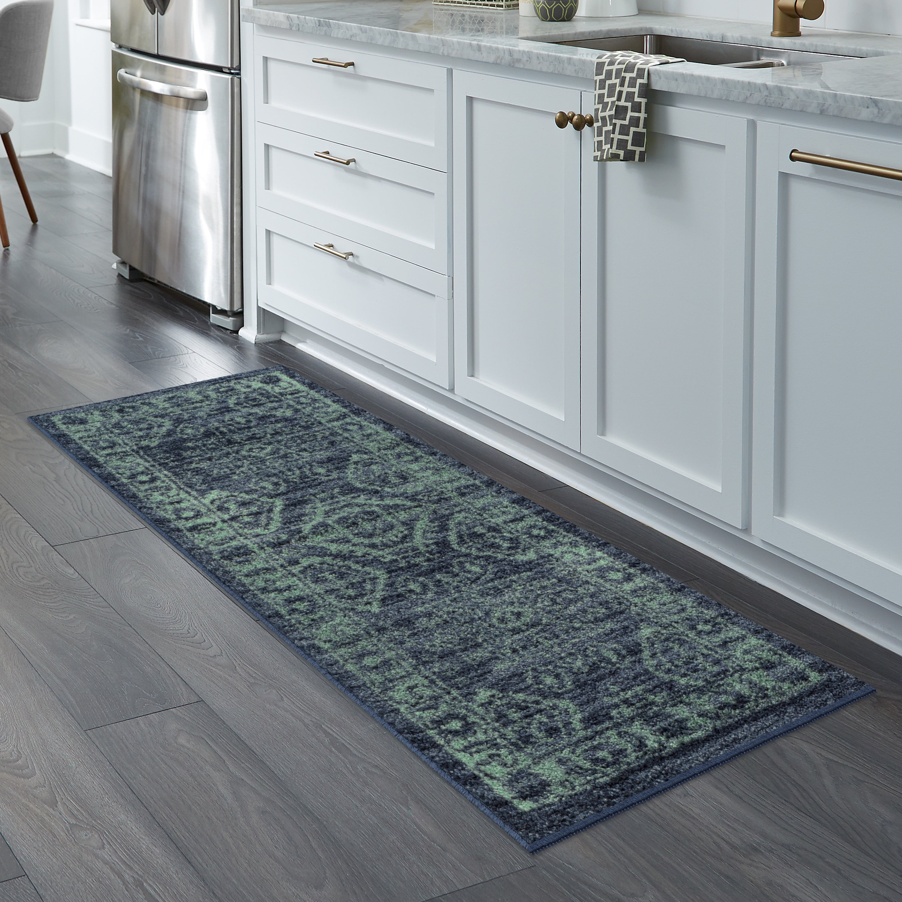 Maples Rugs Georgina Traditional Vintage Navy Green Washable Hallway Runner Rug, 2' x 6'