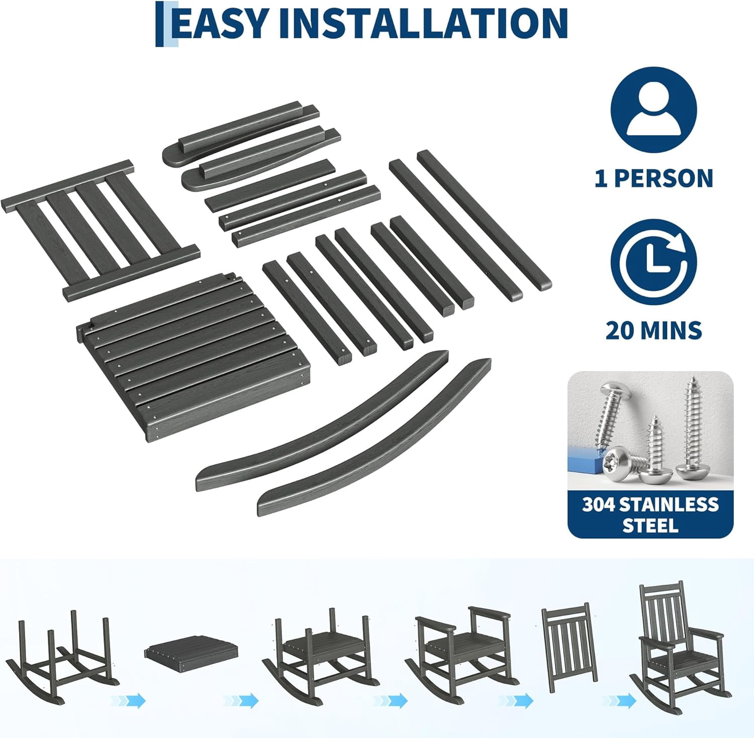 IdealHouse HDPE Weather-Resistant Rocking Adirondack Chair - 380LBS Heavy Duty, No Complex Assembly, Wood-Grain - Patio/Lawn/Outdoor (White, 2pcs)
