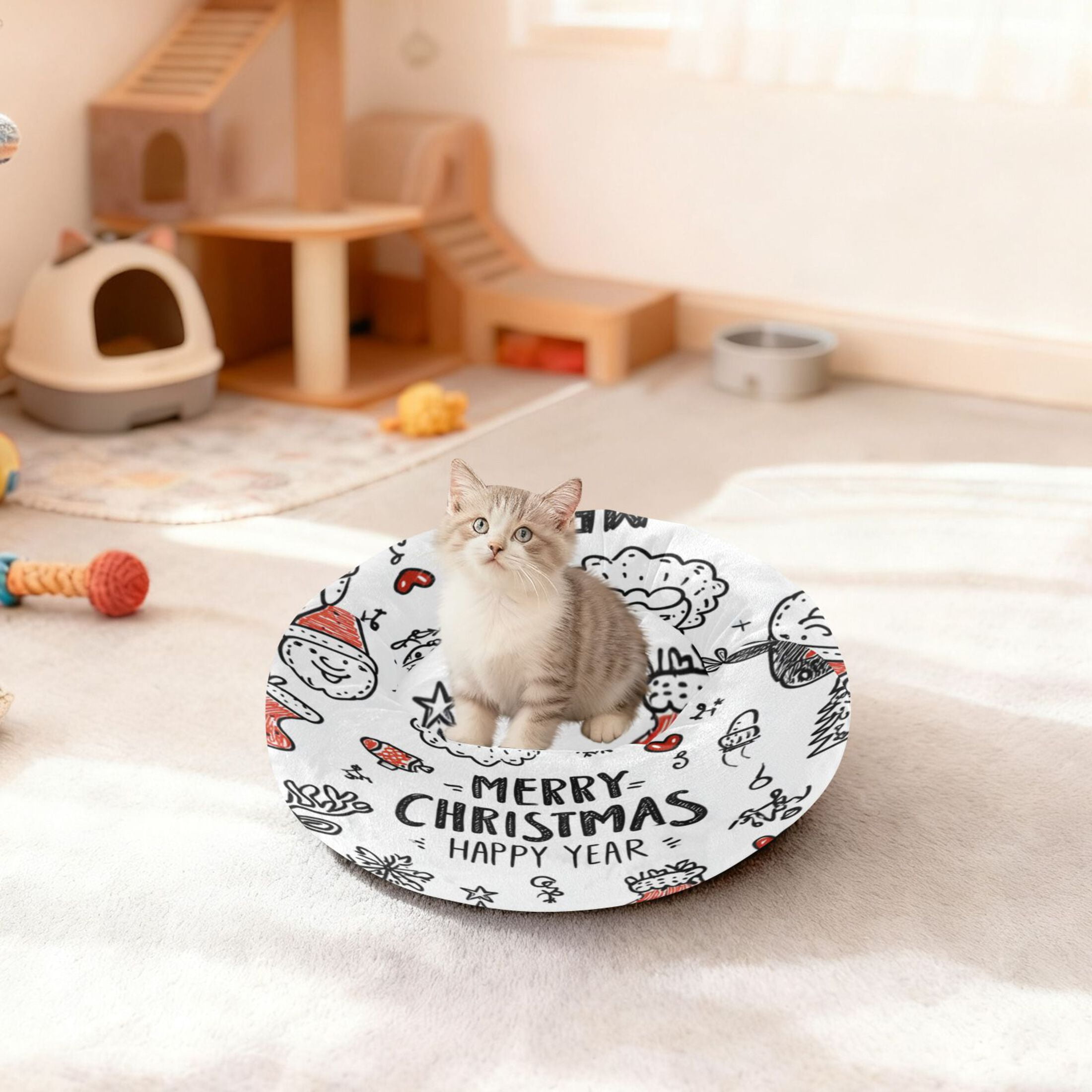 Iauyy Pet Couch Donut Cat Bed for Indoor Cats/Small Dogs Washable & Machine with Non-slip Bottom Calming Cat Furniture, New Year's Greeting Icon (M)