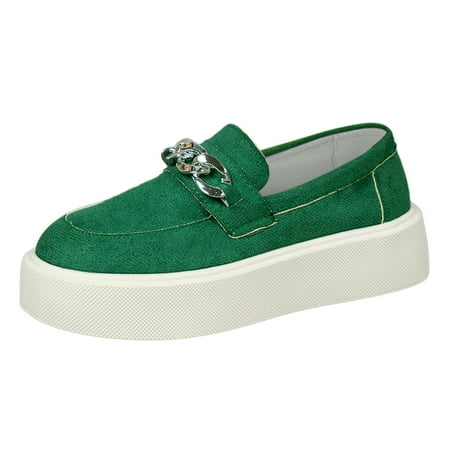 OJSFQUFP Women s Flats Ladies Thick Sole Casual Retro Shallow Mouth Suede Chain Color Matching Large Size Casual Shoes Casual Shoes Dress Shoes for Women Green 42