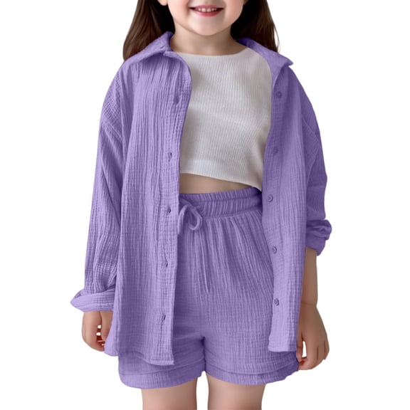 XADYUY Girls Short Sets Size 7-8 Girls Two Piece Outfits Long Sleeve Button Down Tee Top and Elastic Waist Shorts Cute Preppy Summer Sets for Girls,11-12 Years Purple