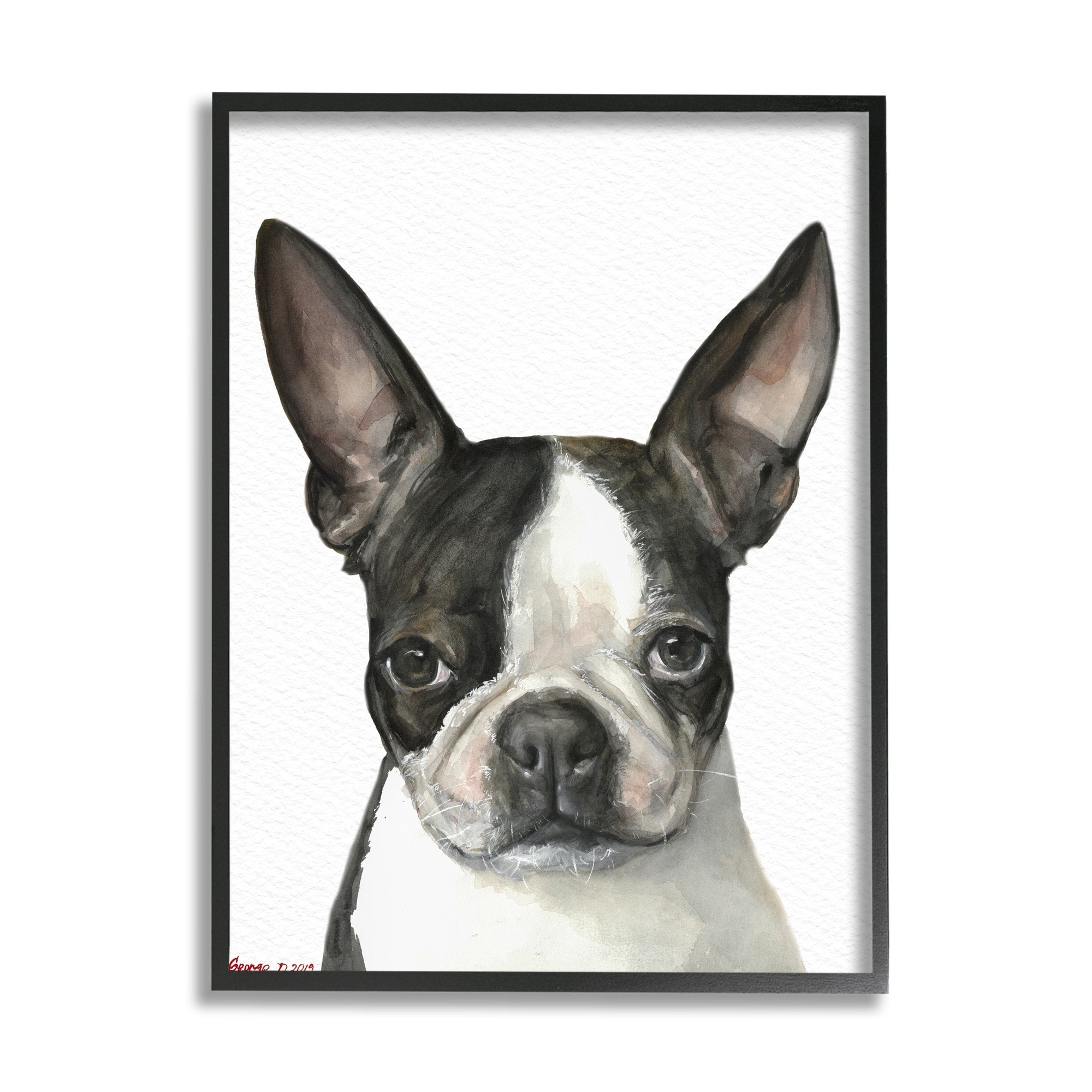 Stupell Industries Minimal Boston Terrier Portrait Pet Dog Black White Grey Framed, 16 x 20, Design by George Dyachenko