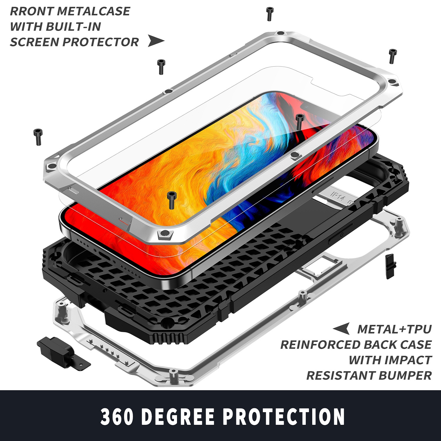 ELEHOLD for iPhone 14 6.1 Inch 2022 Case, Heavy Duty Armor Built-in Explosion-Proof Tempered Glass Screen Protector Wireless Charging Hang Rope Hidden Kickstand Shockproof Rugged Case,Silver