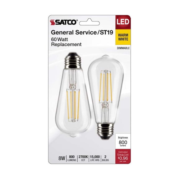 2Pk - 8W ST19 LED Clear: Medium Base 2700K 800 Lumens