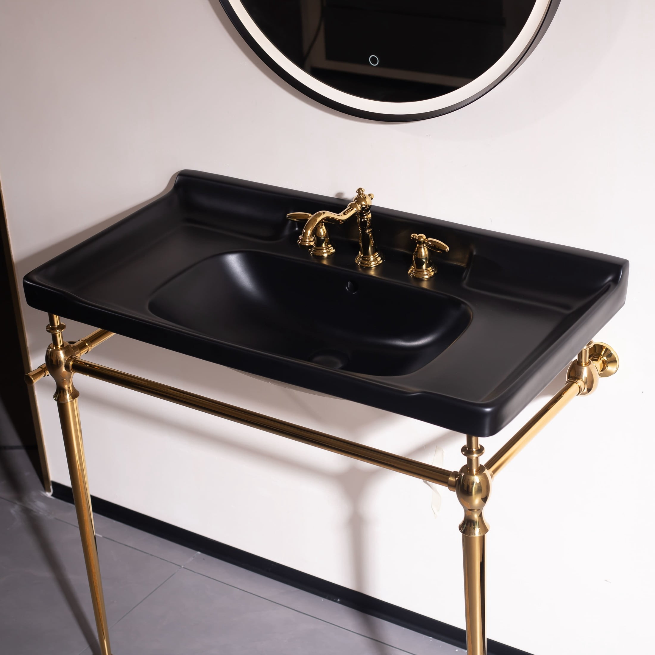 Noble House VICI 36" Bathroom Console Sink, Wall-Mounted Ceramic Basin Vanity with Stainless Steel Legs, Black & Gold