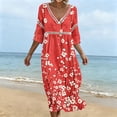thumbnail image 6 of Odbmxy 3/4 Sleeve Womens Midi Dresses Plus Size Fall Boho Smock Tunic Casual Floral Beach Loose V-Neck Dress Women, 6 of 6