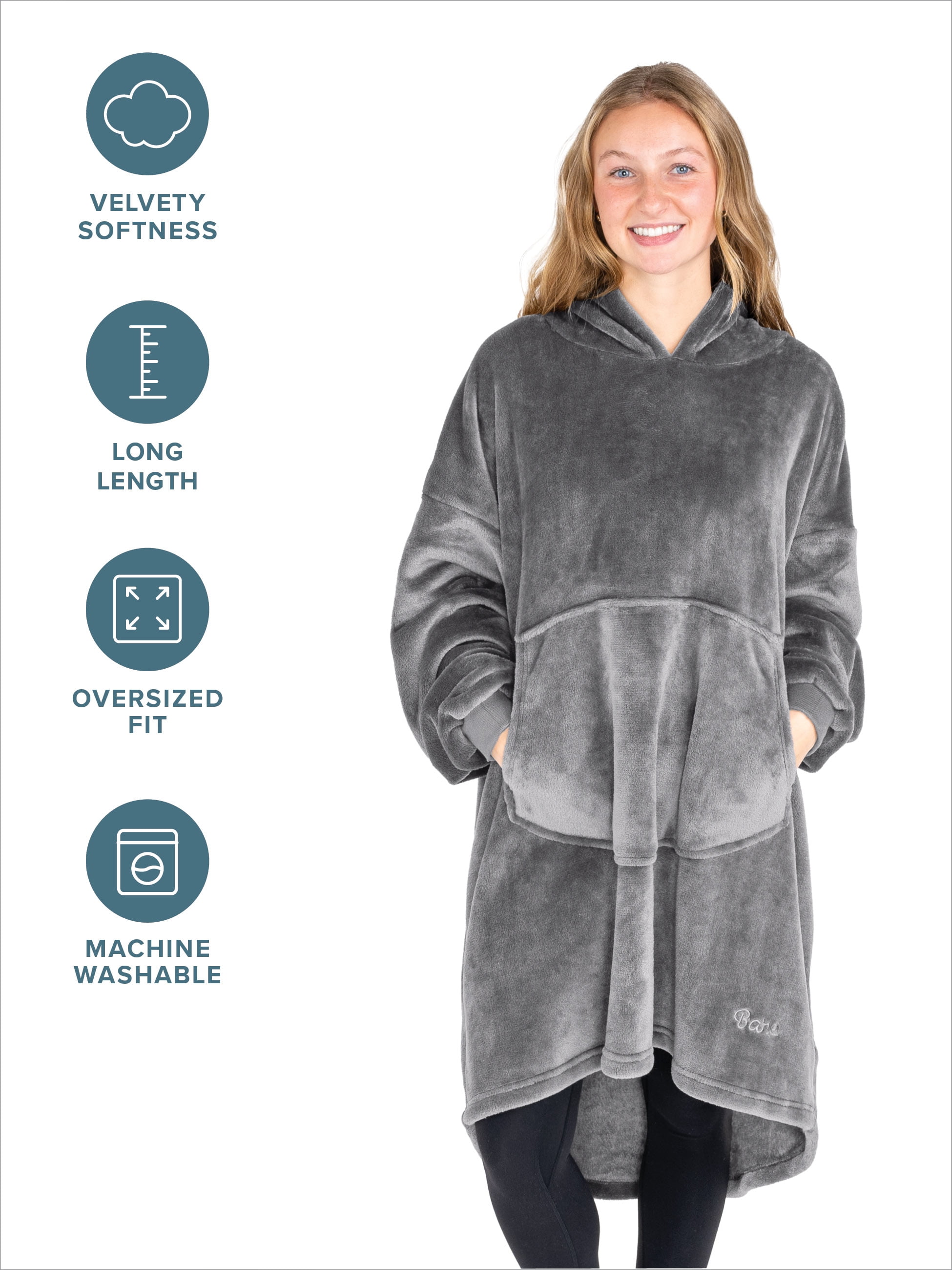 Bare Homey Adult Size Microplush Wearable Blanket, Round Trapezoid Pocket, Gray