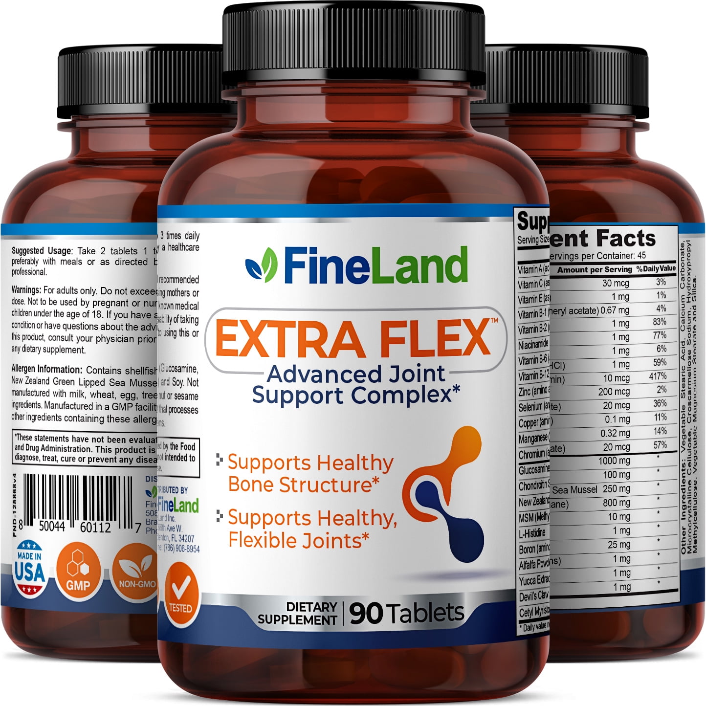 Fineland Vitamins Extra Flex Glucosamine Tablets, 90 Count