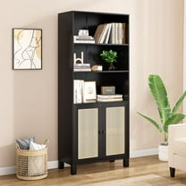WGYPRIME 70.9" Tall Bookcase with 2 Rattan Doors, Modern Farmhouse Style 5 Tier Storage Wood Shelves, Large Bookshelf for Library Living Room Bedroom Home Office
