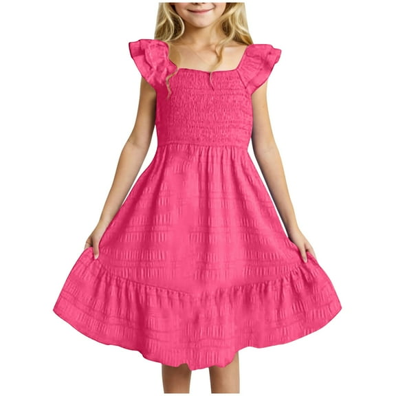 Gubotare Boho Dress for Girls Girls and Toddler Short Sleeve Everyday Dresses Casual Summer Wear Size 7-8T (Hot Pink,7-8 Years)