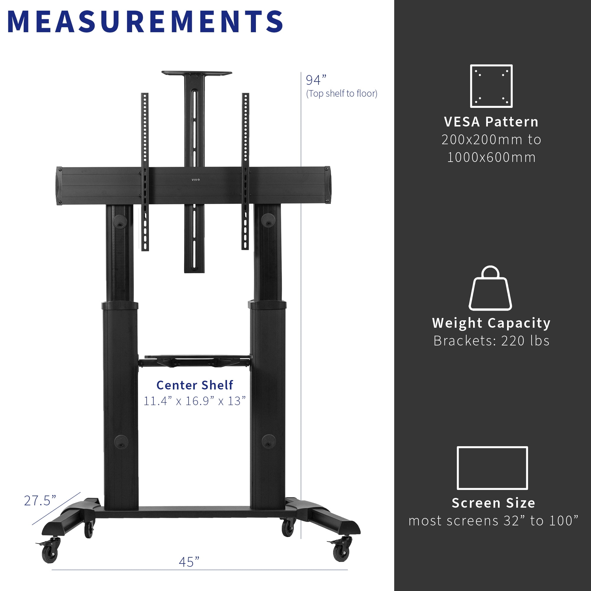 Black Ultra Heavy Duty Mobile Stand TV Cart Mount, Fits 32" to 100" Flat Screens