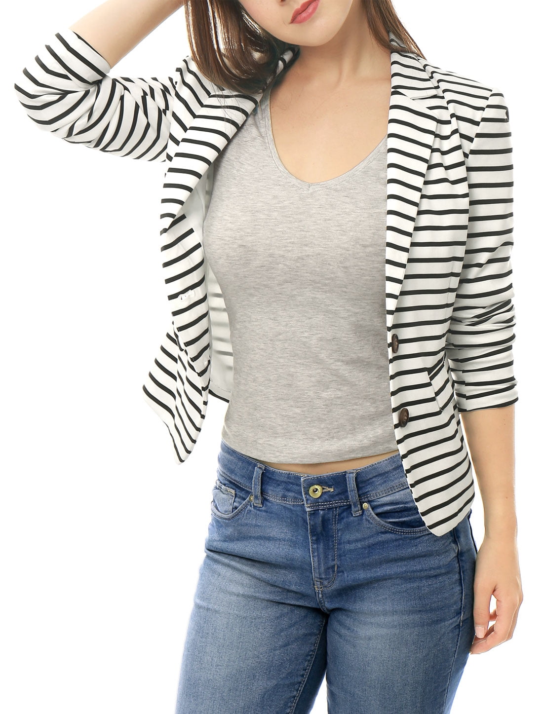 DARING DIVA Women's Striped Notched Lapel Button Closure Blazer XS White