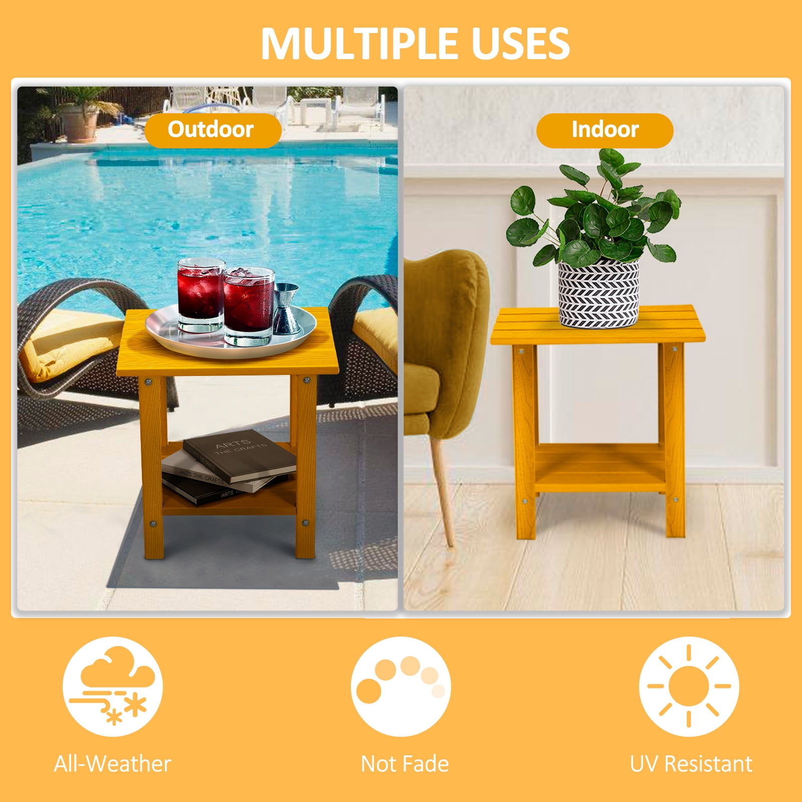 Nalone 2-Tier Outdoor Side Table, HDPE All Weather Outdoor Coffee Table Adirondack Patio End Table, Outside Deck Table for Indoor Living Room Bedroom Porch Backyard, Tangerine