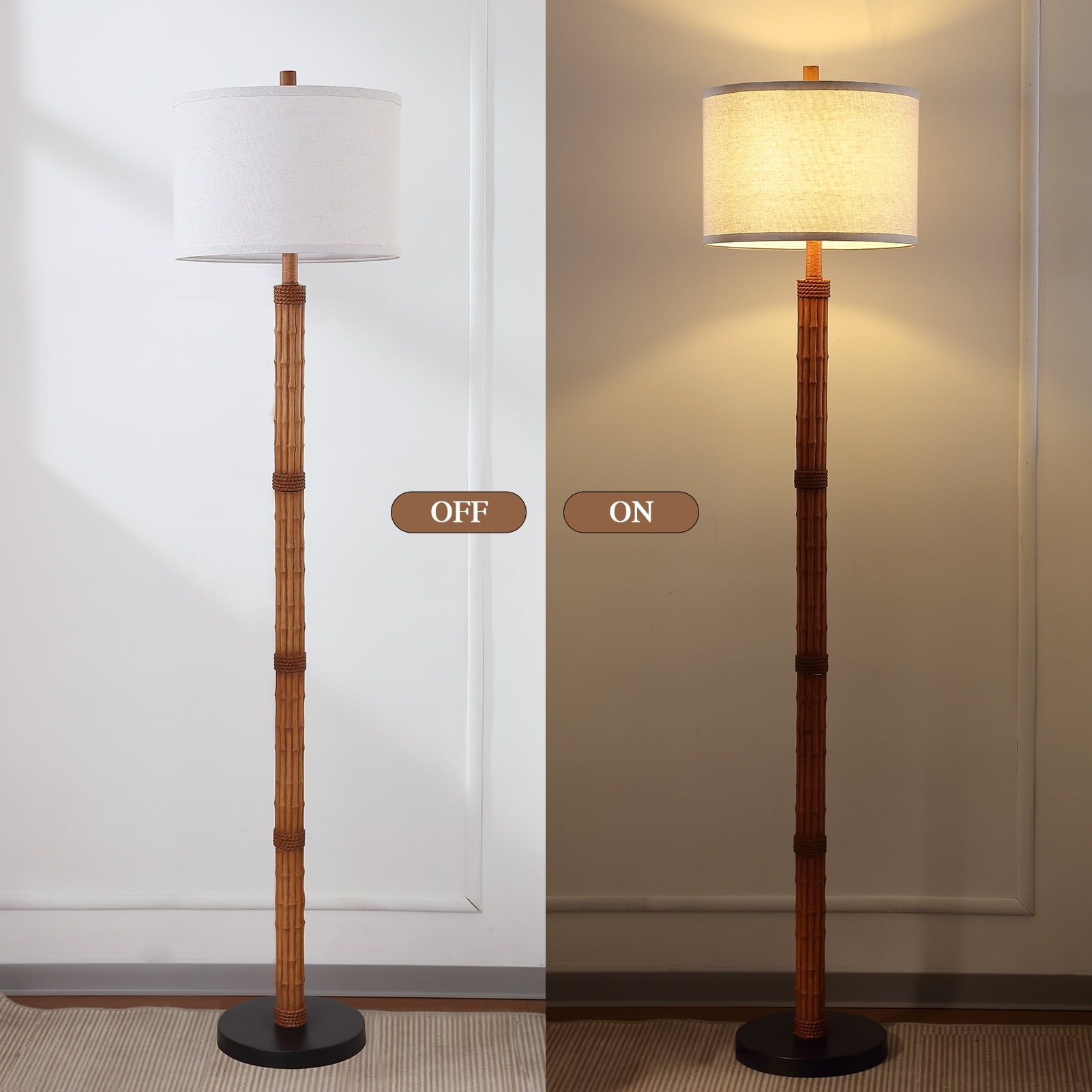 RORIA 63" Bamboo Stripe Floor Lamp, Modern Farmhouse Style Standing Lamp Featuring a Knob Switch and a Linen Shade, Suitable for Living Rooms, Bedrooms, and Offices