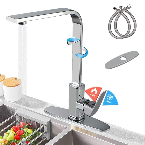 Grifo para Fregadero de Acero Inoxidable,Llaves para Fregadero de Cocina 360° Giratorio,Grifo Monomando Llave Mezcladora para Fregadero de Agua Caliente y Frí con 2 Manguera
