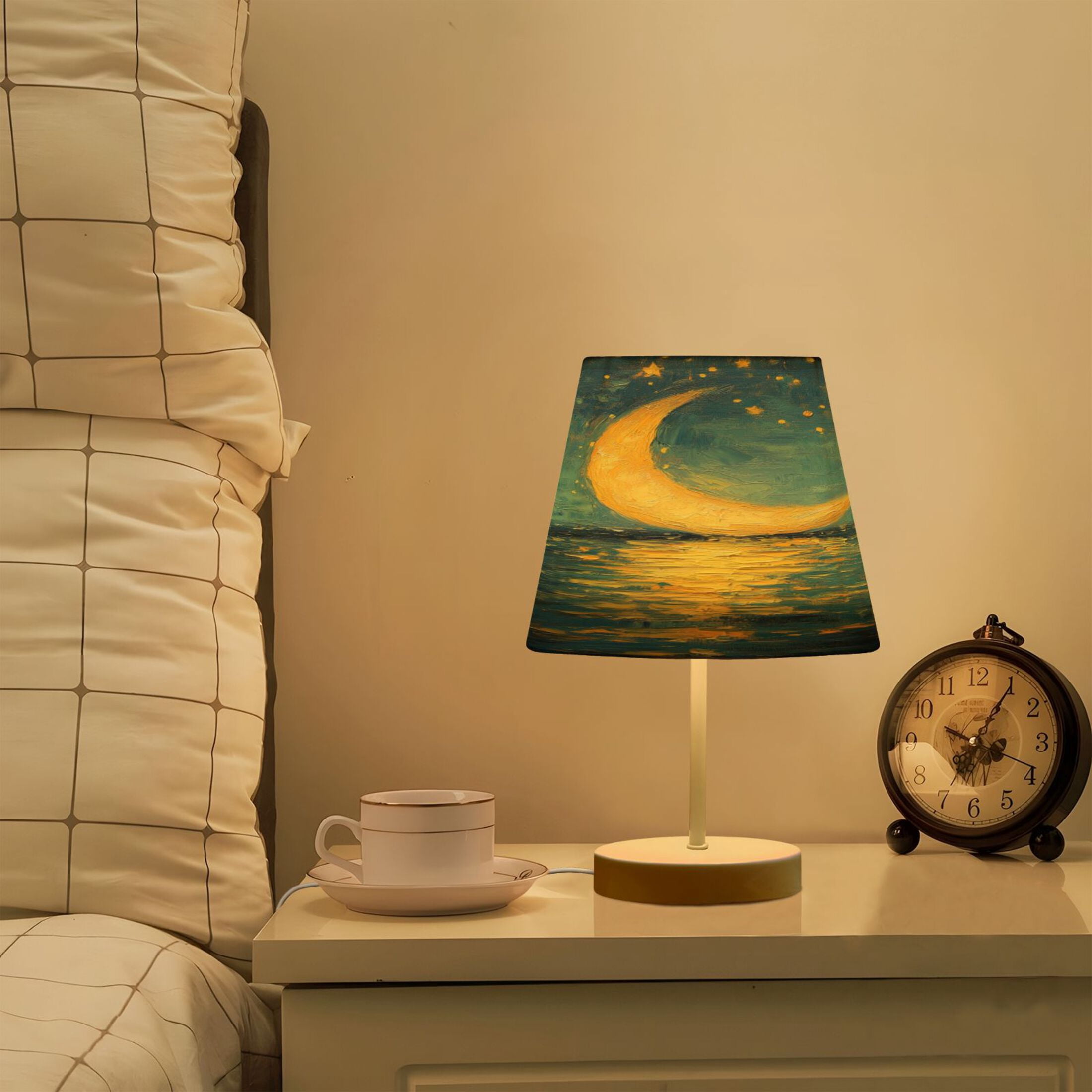 WOBOGO Moon Stars Oil Painting Pattern Table Lamps Bedroom 3-Speed Dimmable Farm Style with Fabric Shade for Reading and Home Office