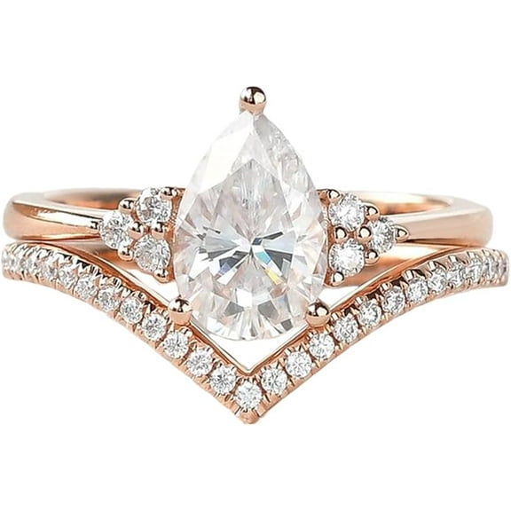 Dazzlingdaimonds Jewels 925 Sterling Silver 3.00 Ct Pear Cut Diamond Wedding Engagement Christmas Bridal Ring Set 14K Rose Gold Plated For Women's -4