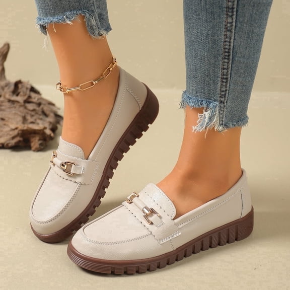 CushHide Women Ballet Flats Slip On Beige Loafers with Gold Metal Buckle Comfortable Casual Microfiber Leather Dress Shoes for Work and Everyday Wear