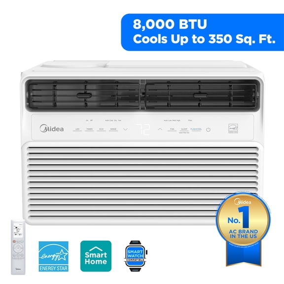 Midea 8,000 BTU Window Air Conditioner, Smart Inverter, Cools Up To 350 Sq Ft, Remote, Wi-Fi , White