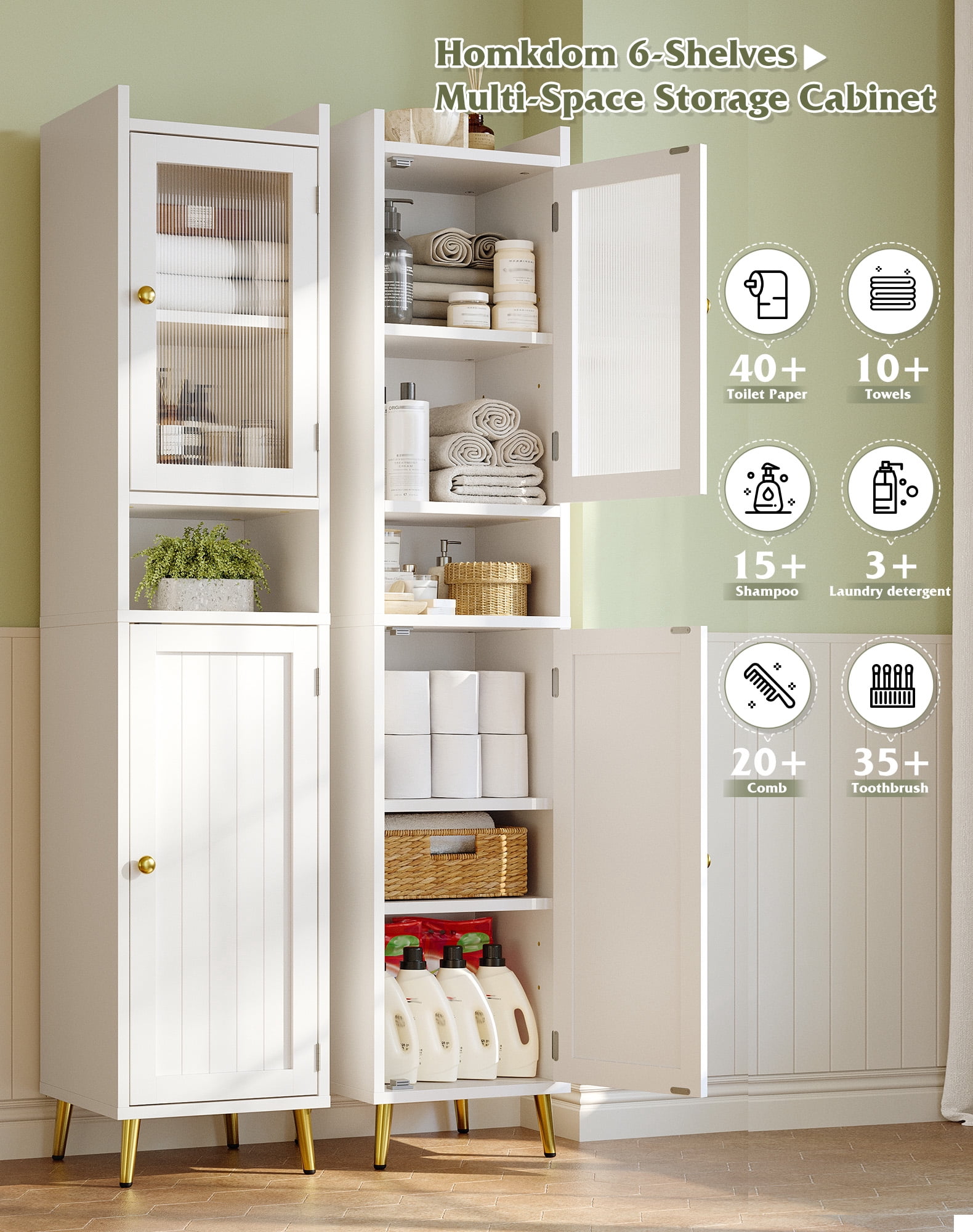EnHomee 69" Tall Bathroom Storage Cabinet,Narrow Linen Cabinet with 2 Door and Adjustable Shelves​,White
