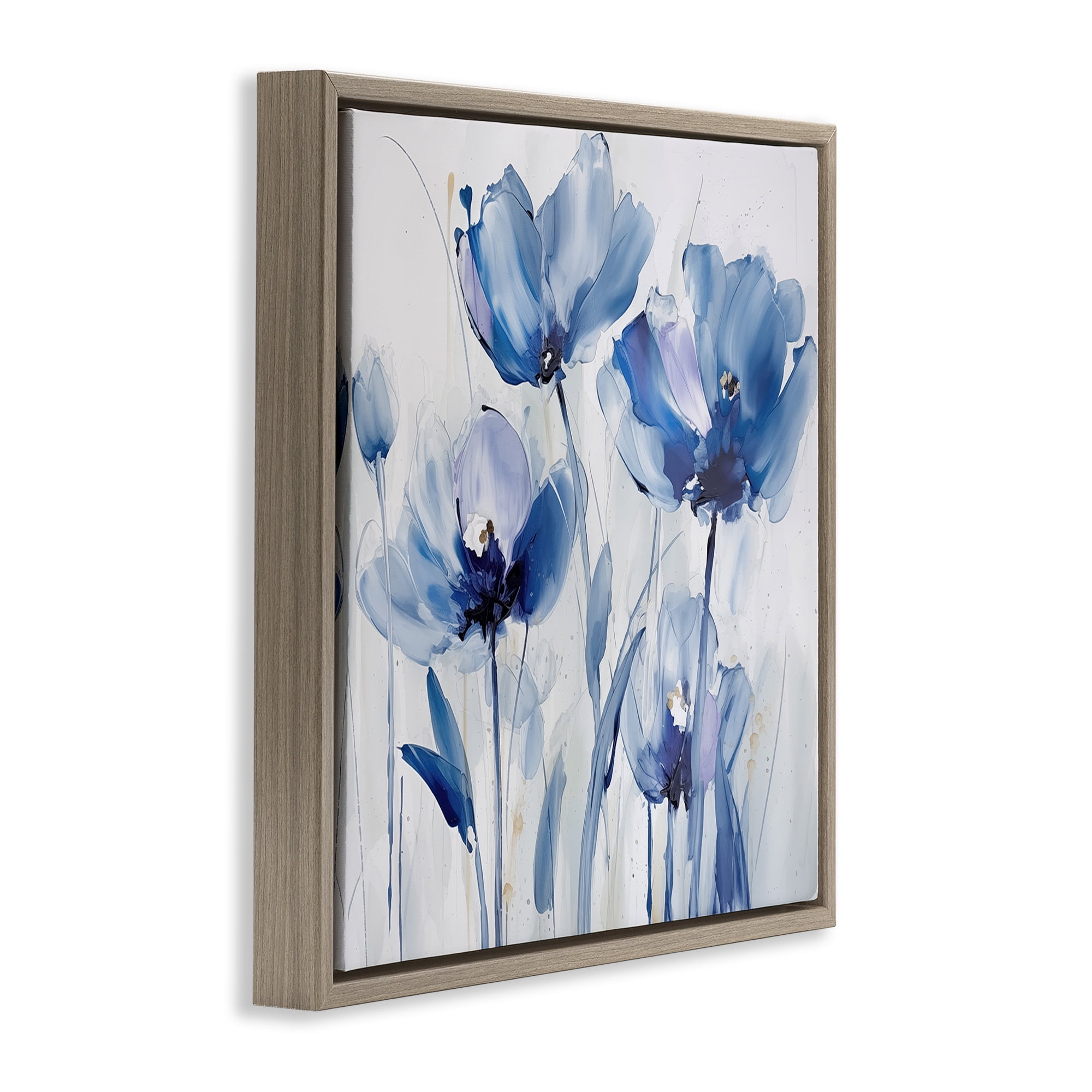 Stupell Industries Blue Abstract Blooms Botanical & Floral Painting Brown Floater Framed Art Print Wall Art, 18 x 18