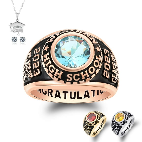 Ccjcinata Customized Sterling Silver High School and College Class Ring pride ring graduation rings Classic Collection Fully Personalized (Sterling Silver - Rose Gold Plated)