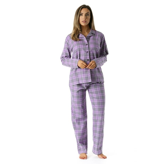 #FollowMe Printed Flannel Button-Front PJ Pant Set Classic, Cozy Sleepwear (Grape - Plaid, Small)