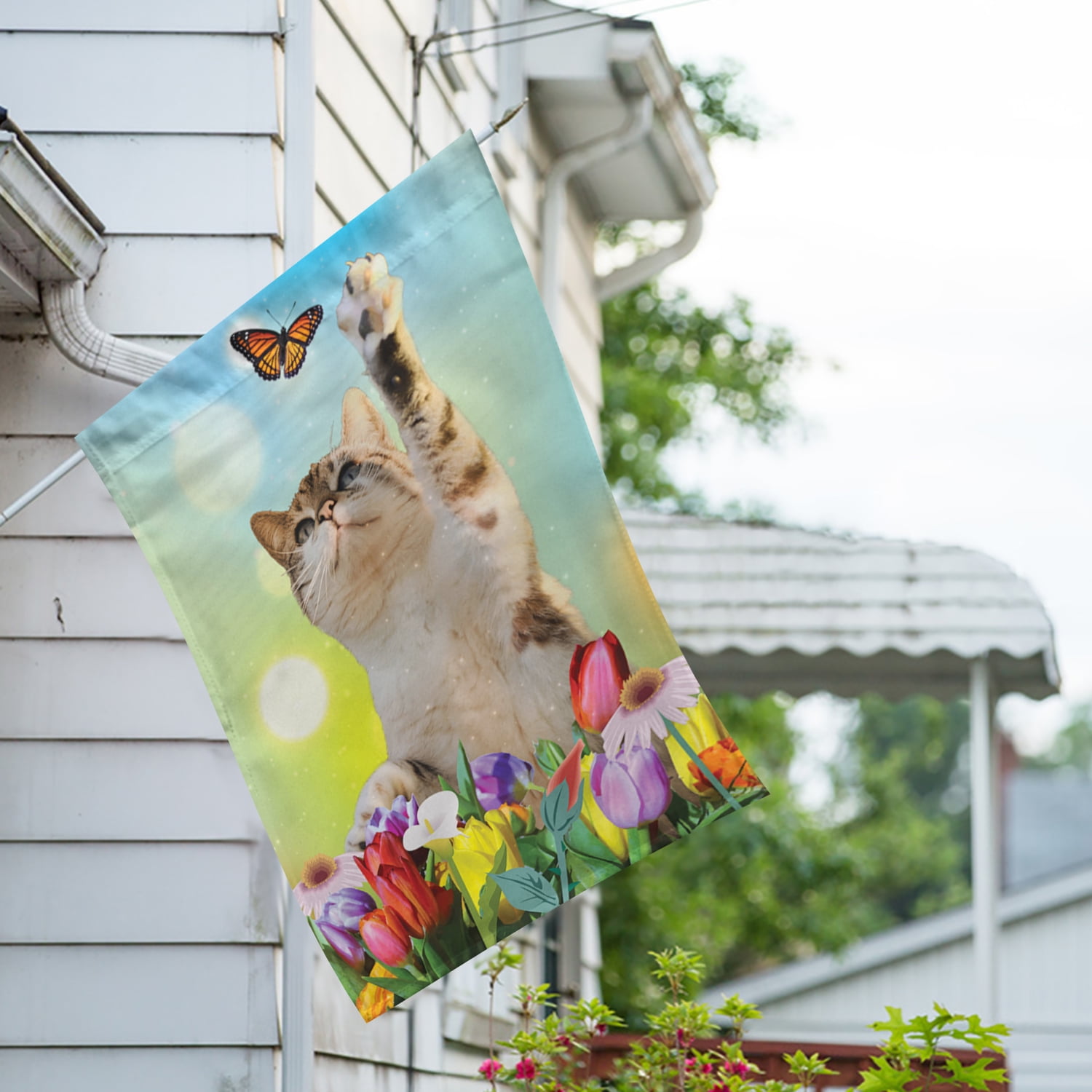 America Forever Spring Kitty House Flag 28 x 40 inches Double Sided Cute Cat, Butterly, Summer Flowers, Daisy, Tulip - Seasonal Yard Lawn Outdoor Decorative Tabby Cat House Flag