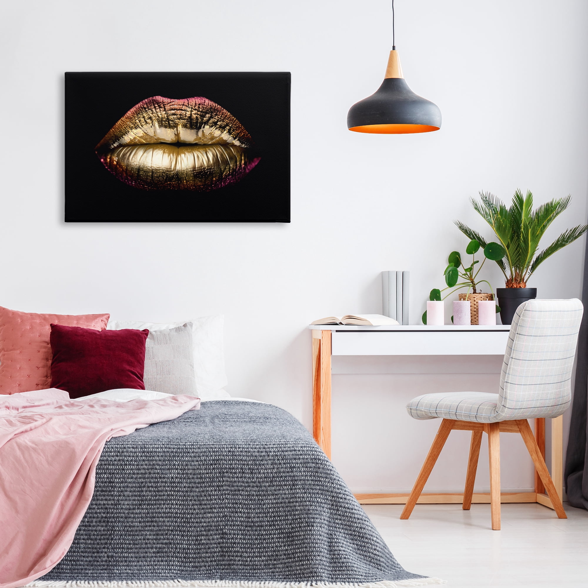 Stupell Industries Pink & Gold Lipstick Fashion Painting Wrapped Canvas Art Print Wall Art, 36 x 24