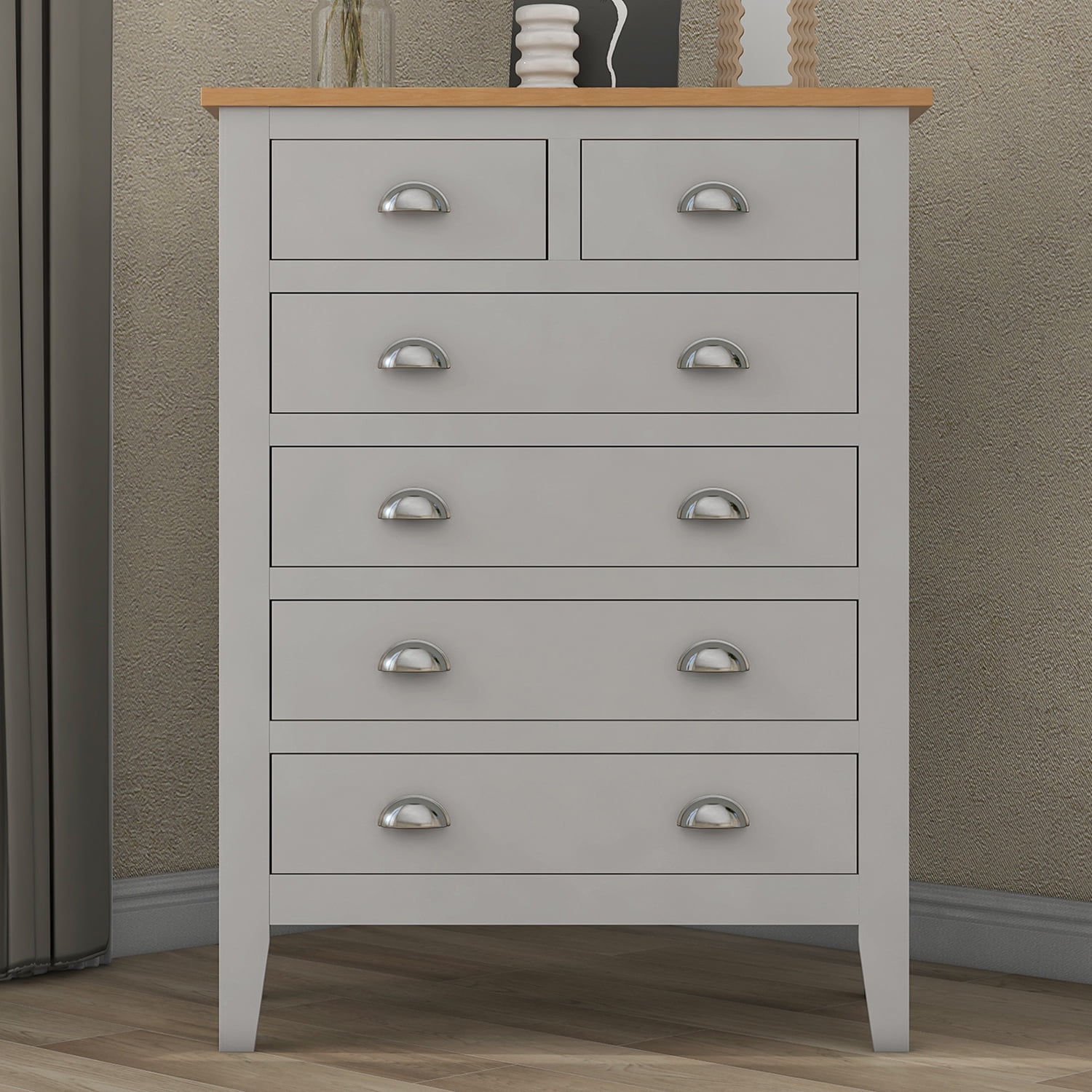 Kadyn 3 Pieces Country Gray with Oak Top Bedroom Sets, King Wood Bed with Headboard, Modern MDF Nightstand and Chest for bedroom. Gray Kadyn 3 Pieces Country Gray with Oak Top Bedroom Sets, King Wood Bed with Headboard, Modern MDF Nightstand and Chest for bedroom. Gray