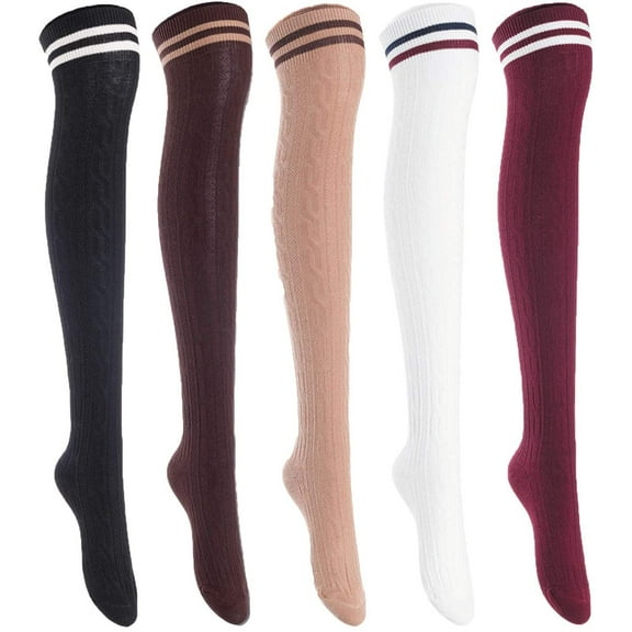 Lian LifeStyle Women's 5 Pairs Adorable Comfortable Soft Thigh High Over Knee High Cotton Socks Size 6-9 L1023(Black,Cofe,Khaki,White,Wine)