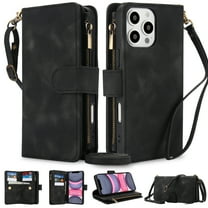 Crossbody Wallet Case for iPhone 16 Pro, Premium PU Leather Phone Case with RFID Blocking Card Holder Zipper, Wrist Strap & Lanyard, Flip Stand Purse Cover for iPhone 16 Pro, Black