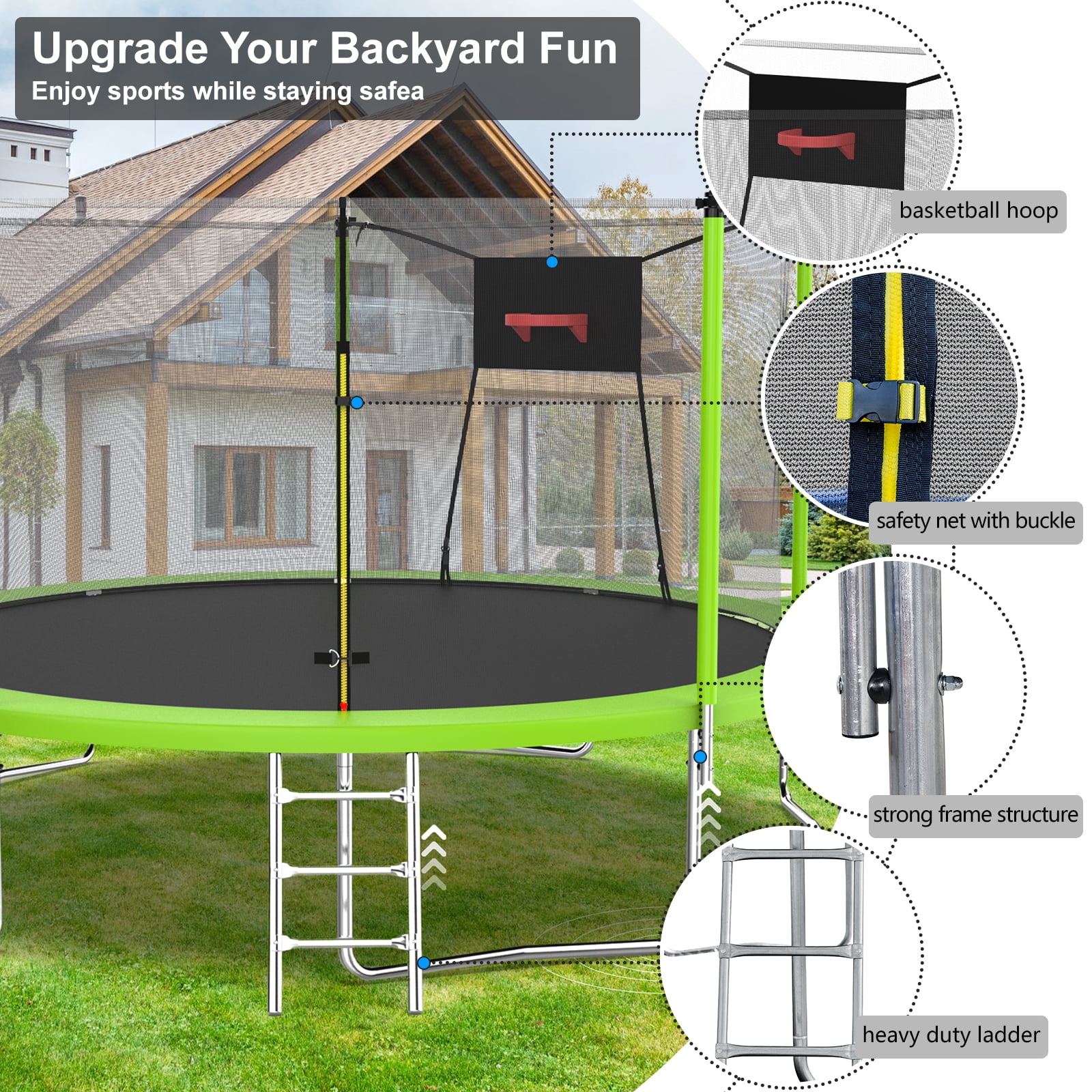 Trampoline with Enclosure, Upgraded 14 Feet Kids Outdoor Trampoline with Basketball Hoop and Ladder, Heavy Duty Round Trampoline for Indoor Outdoor Backyard, LLL4568