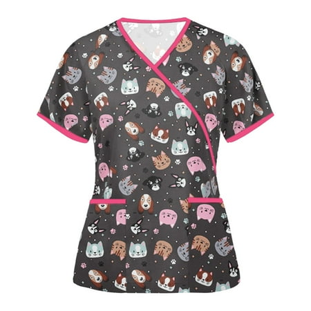 

Ozmmyan Womens Tops Scrubs for Women Short Sleeve V-neck Scrubs Tops Working Uniform Printed with Two Pockets Blouse Nursing Uniform Saving Clearance