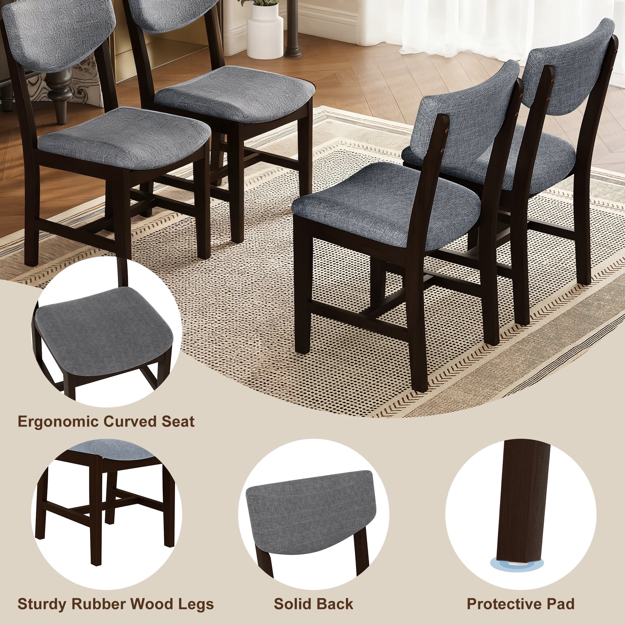 Euroco 5 Piece Dining Table Set for 4, Farmhouse Wood Kitchen Table Set with 4 Upholstered Chairs for Kitchen & Dining Room,Espresso