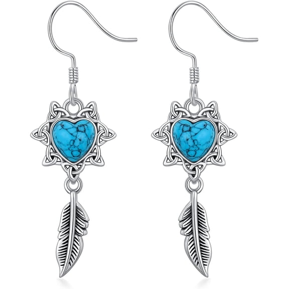 Feather Turquoise Earrings 925 Sterling Silver Dangle Drop Earrings Celtic Knot Jewelry Gifts For Women