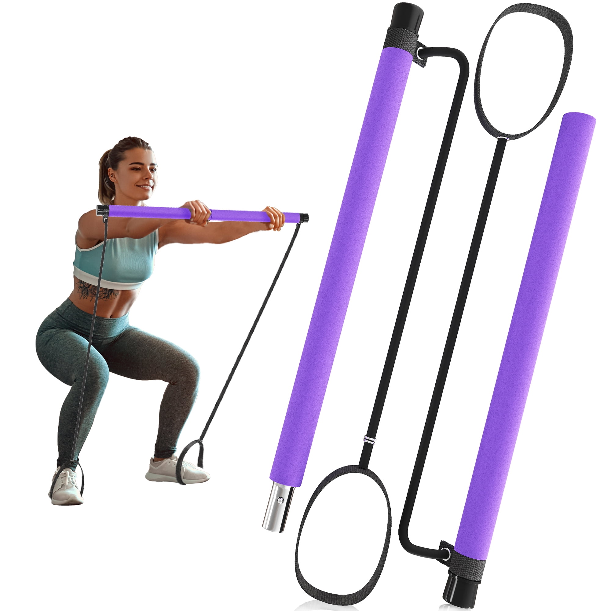 Portable Yoga Exercise Pilates Bar Kit with Resistance Band Set, Adjustable Yoga Straps Pilates