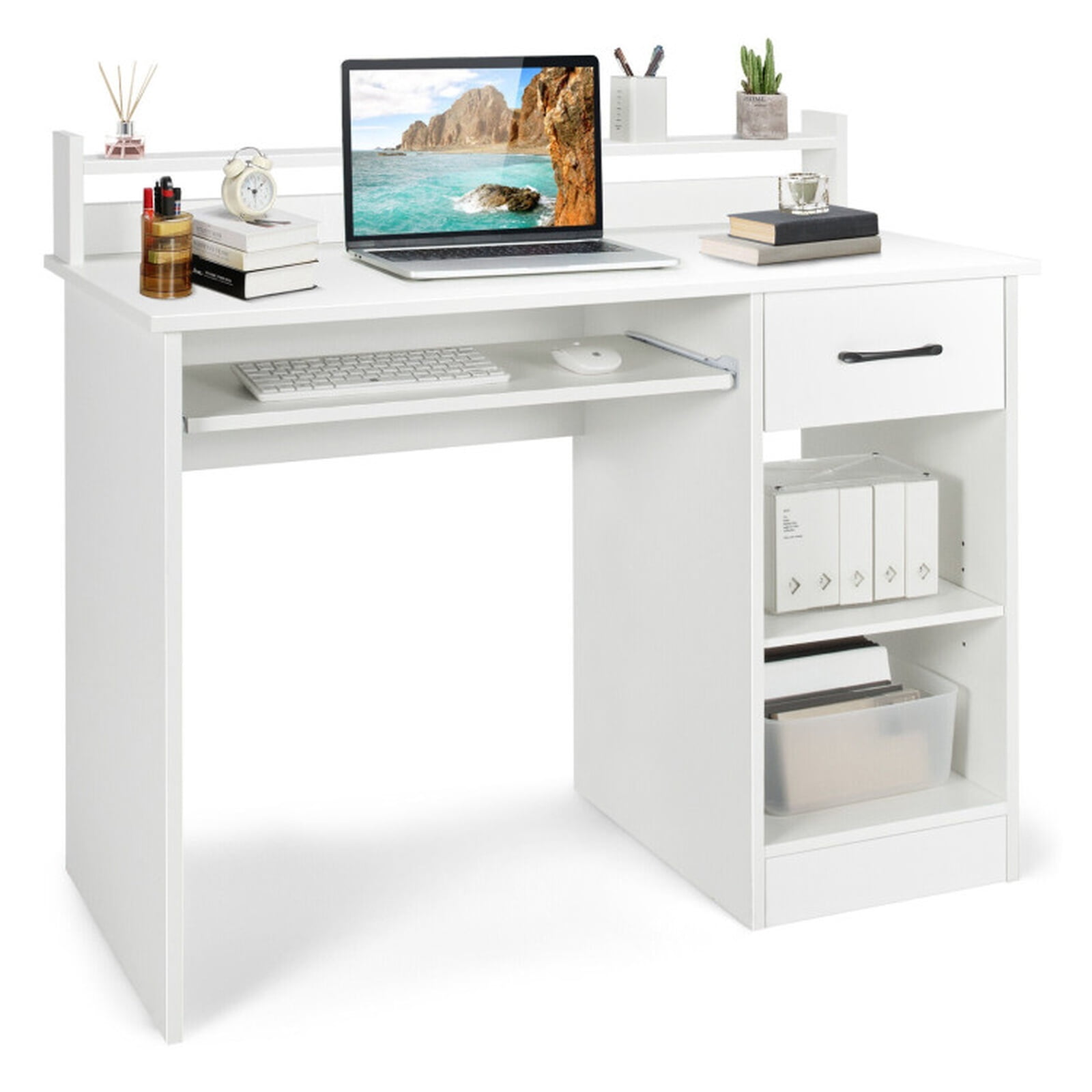 Furnibear Study Laptop Table Computer Desk with Drawer Keyboard Tray and Adjustable Shelf for Home Office Bedroom Study, White