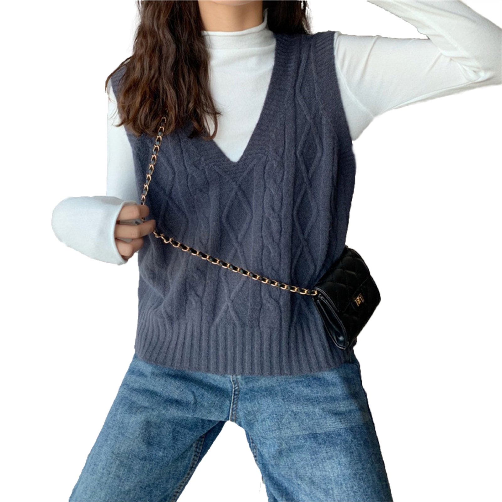 Nituyy Women V Neck Sweater Vest Sleeveless Cable Knit Loose Tank Top