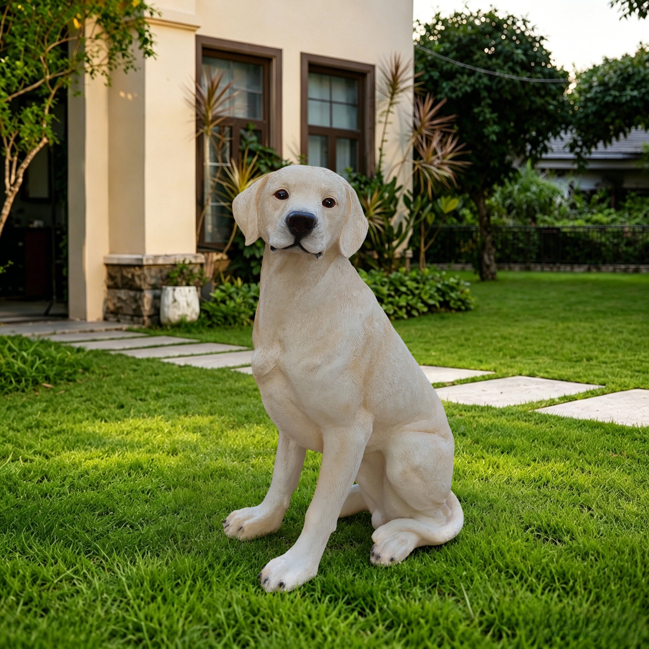 Noble House Lifelike Sitting Labrador Statue, Realistic Resin Animal Figurine for Outdoor Garden Decor, Yellow White