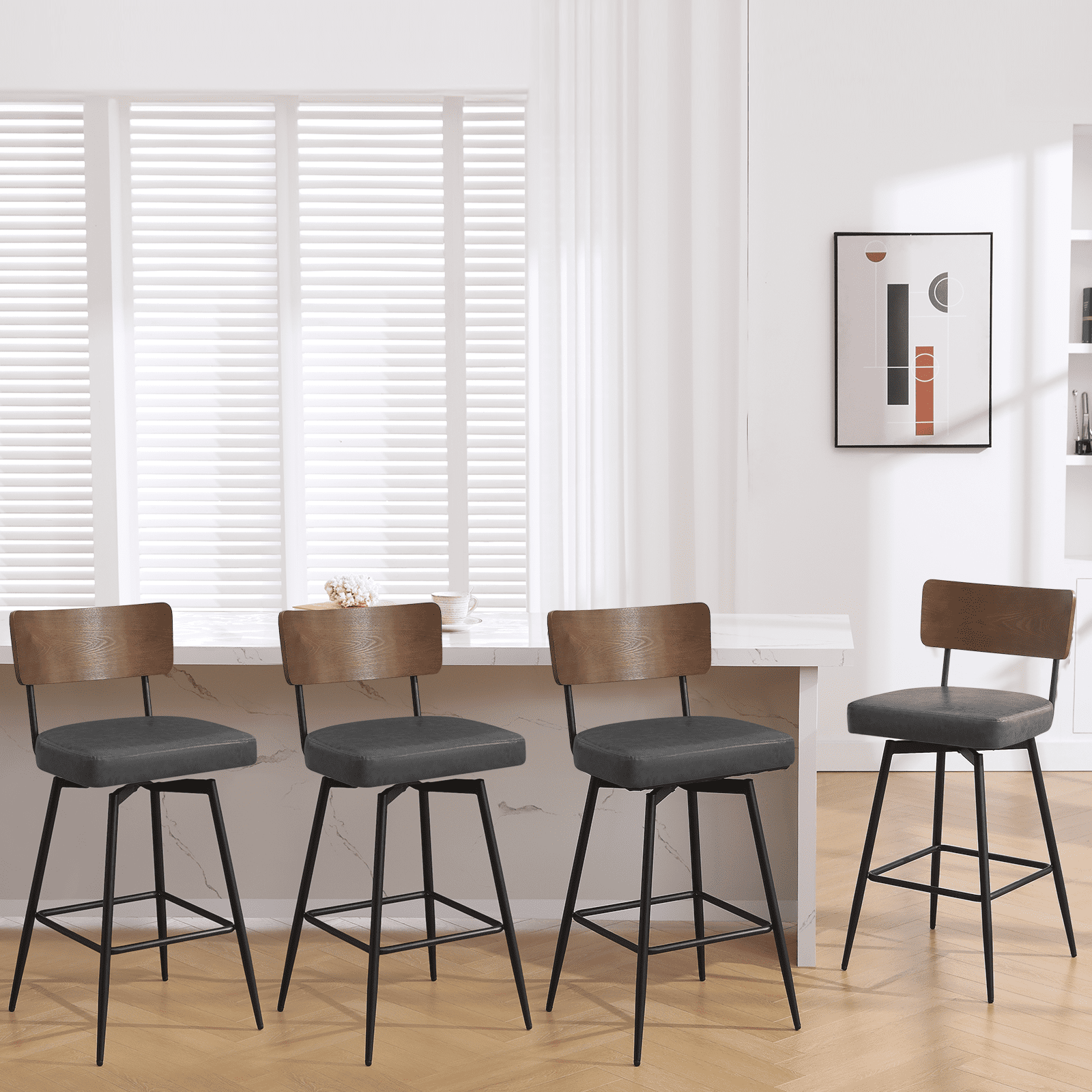 ANMINY Swivel Bar Stools Set of 4, 29" Seat Height, Upholstered Faux Leather Counter Barstools with Wood Backs and Metal Legs, Counter Height Bar Stool for Kitchen Island
