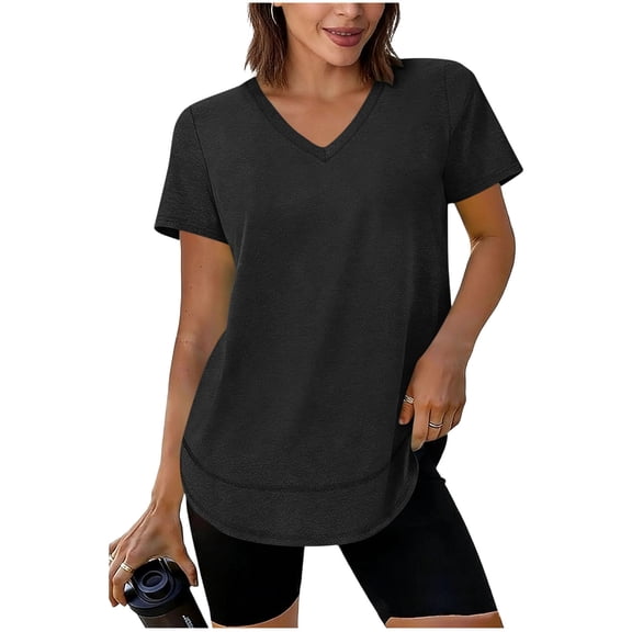 Workout Tops for Women Short Sleeve V-Neck Solid Color High-Low Curved Hem Breathable Loose Athletic Gym Shirts,Size S-2XL