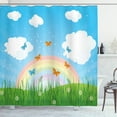 thumbnail image 1 of Wildflower Shower Curtain, Grassy Spring Meadow Butterflies Clouds and Rainbow Graphic, Fabric Bathroom Set with Hooks, 69W X 84L Inches Extra Long, Deep Sky Blue and Multicolor, by Ambesonne, 1 of 3