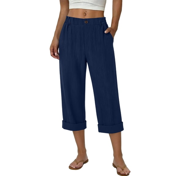 YUGYXL Capri Pants for Women Straight Leg Texture Pants Elastic Waist Button Capris with Pocket Summer Rolled Up Hem Pant Blue Pants L