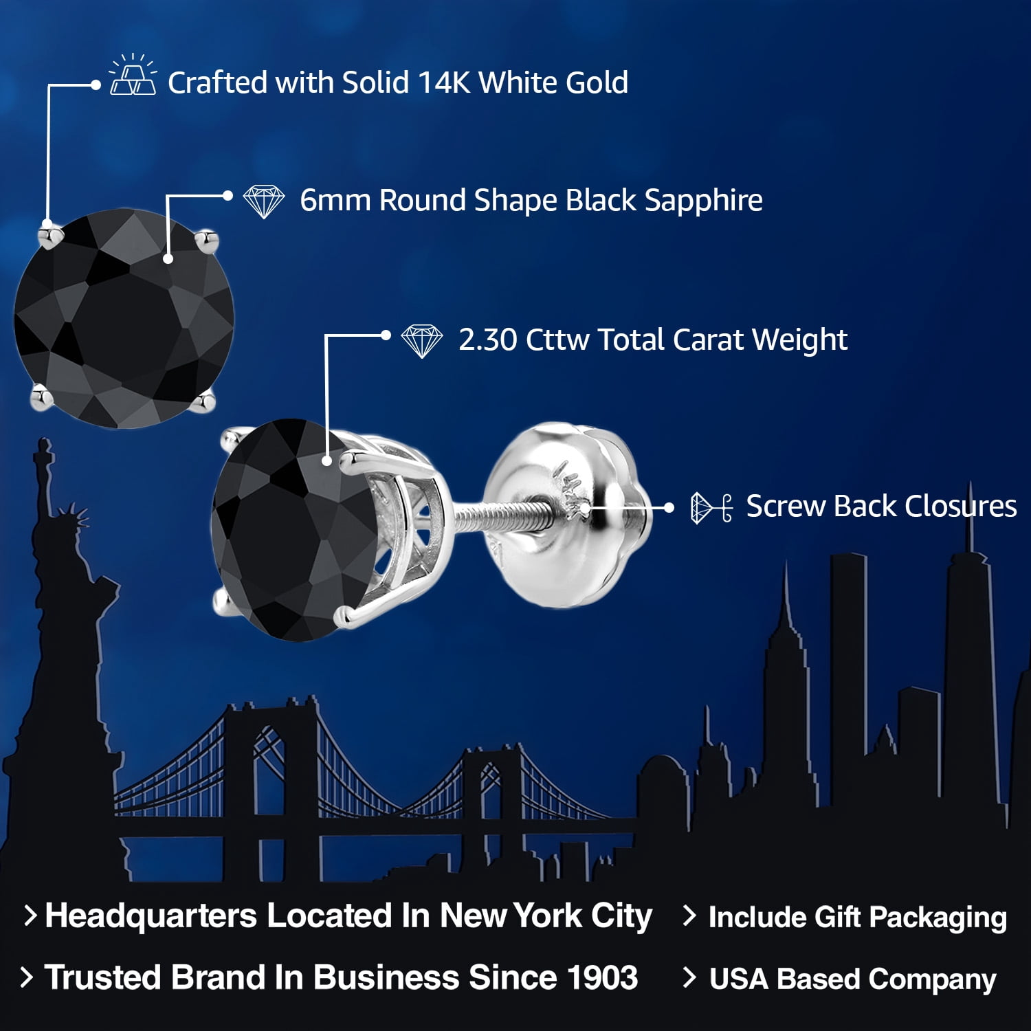 Gem Stone King 2.30 Ct Round 6mm Black Sapphire 14K White Gold Screwback Stud Earrings for Women Men